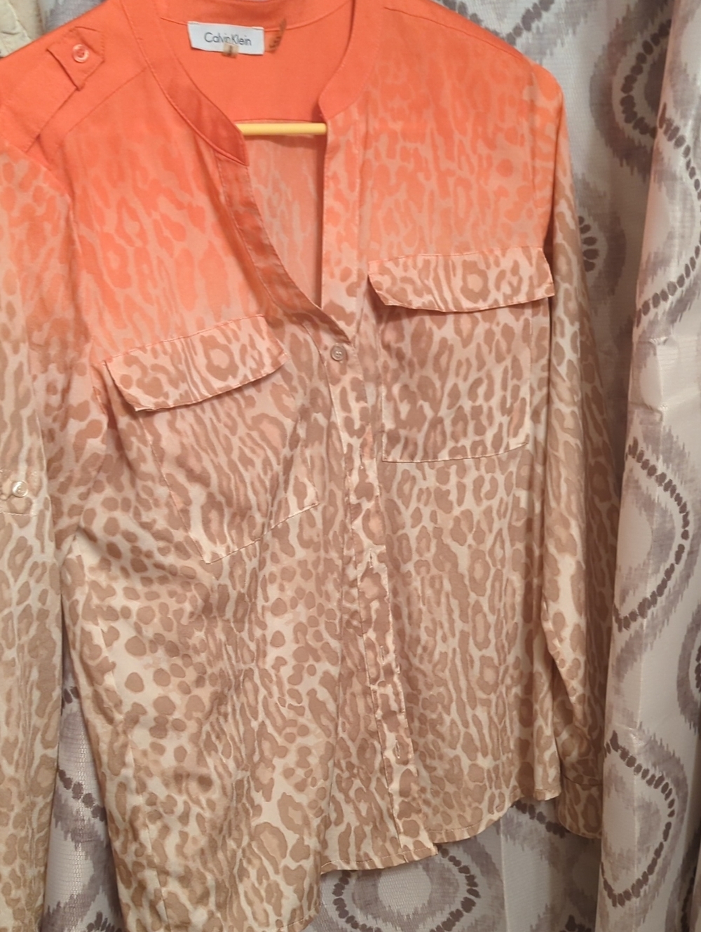 Calvin Klein Orange to Beige Leopard Ombre Button-Down Blouse